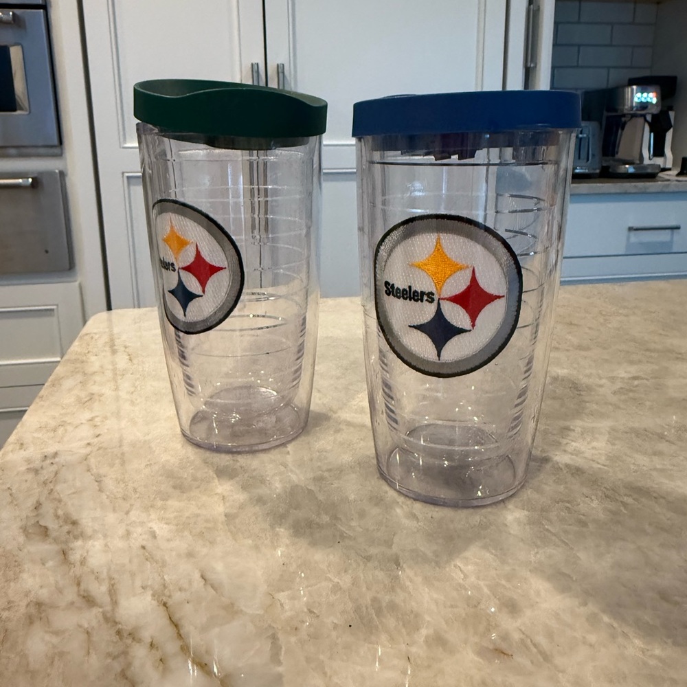 Tervis Steelers Tumblers with Green and Blue Lids